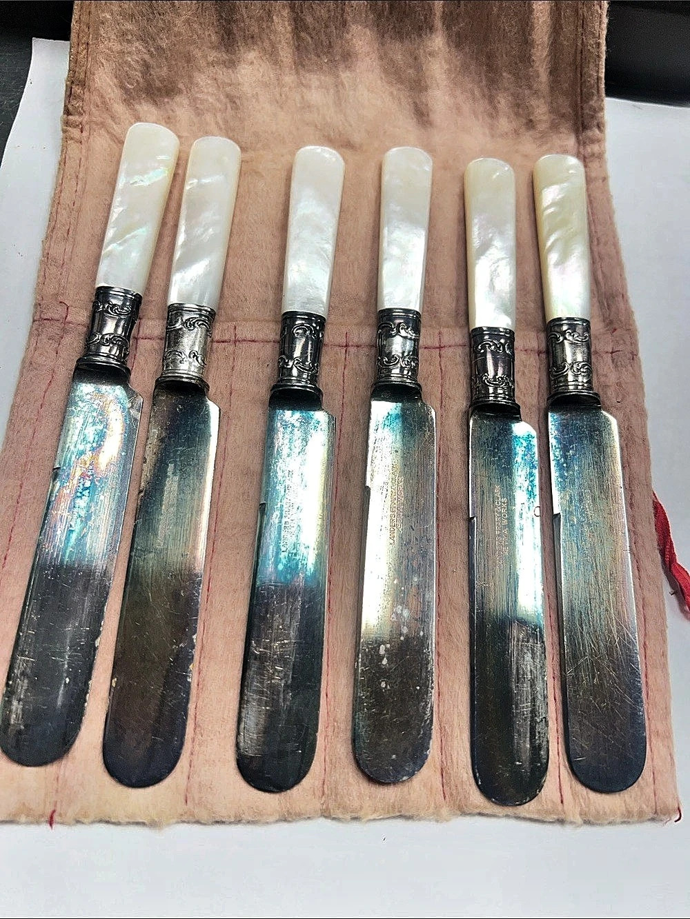 Lander, Frary & Clark Sterling Silver Flatware Set in Silver & White MOP butter